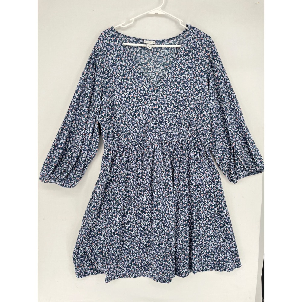 Ava & Viv Floral V-Neck Mini Dress Blue Purple Long Sleeve Plus Size X